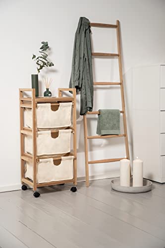 WENKO Wäschewagen Acina, hochwertiger Wagen mit 3 Schubladen, 4 Rollen & 2 Feststellbremsen, aus natürlichem Akazienholz ökologisch FSC® Zertifiziert, Rollwagen mit 3 Körben, 43,5 x 96 x 33,5 cm