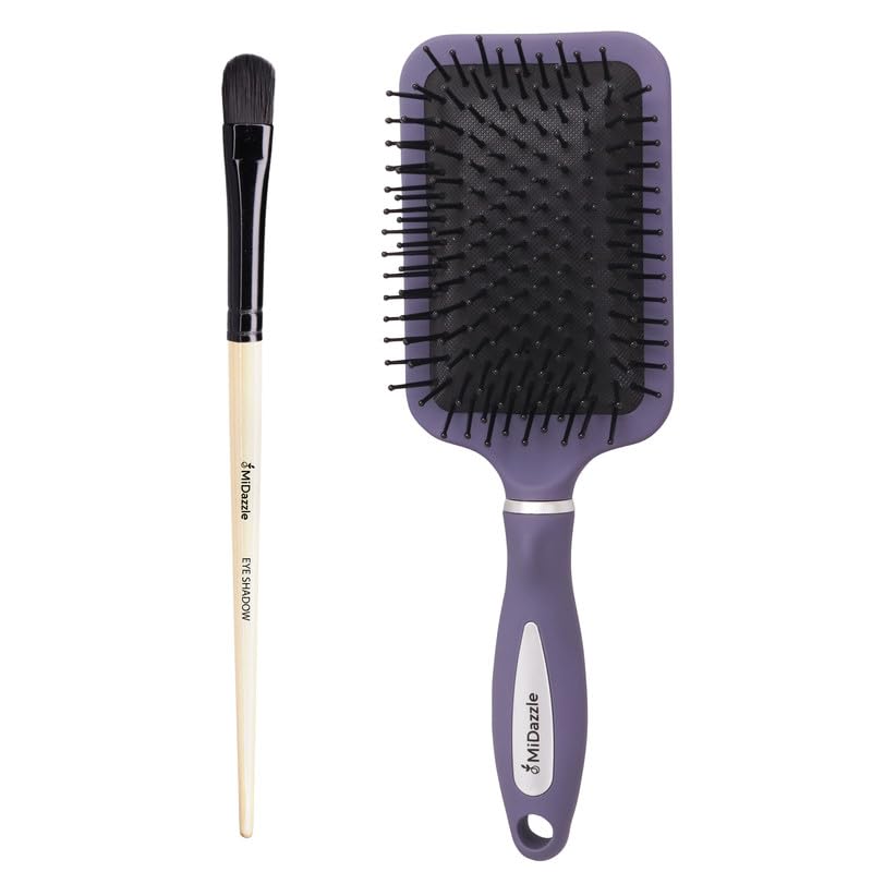 Image of Midazzle Premium Wooden Eye Shadow Brush (MB1105) With Premium Purple & Silver Green Paddle Hair Brush (MIHB0022) - Set of 2