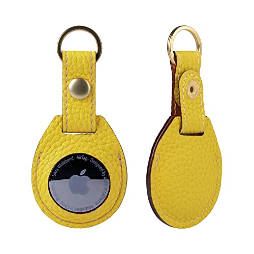 プレミアムレザー エアタグ ケース AirTag 本革 紛失防止 保護カバー 追跡 こども キッズ ペット ドッグタグ AT-Yellow