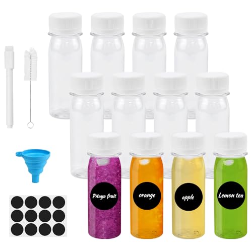 ADERTOS 12 Stück Saftflaschen 60ml Kleine Flaschen zum Befüllen Plastik Mini Plastikflaschen Klare Ingwer Shot Fläschchen mit Trichter Etikett Stift Pinsel für Saft Smoothie Milch Whisky Schnaps