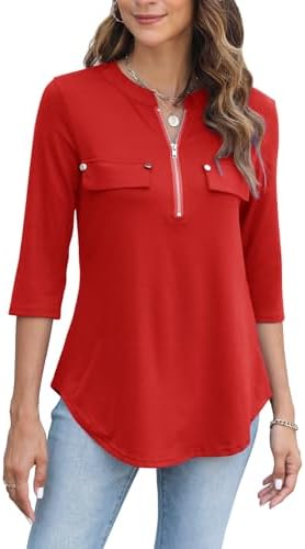Halife Women’s Tops 3/4 Length Sleeve V Neck Zipper Flowy Dressy Casual Work Tunic Shirts Blouse
