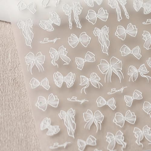 Image of 5D Embossed Bow Nail Stickers for Nail Art White Bow Kont Nail Art Stickers Self-Adhesive for Women Manicure Charms Supplies 1 Sheets