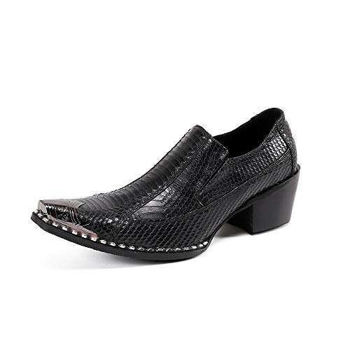 Luxrious Metal Toe for Men Slip On Style Imitation Snake Skin Rivet Sole Genuine Leather Block Heel Soft Formal Dress