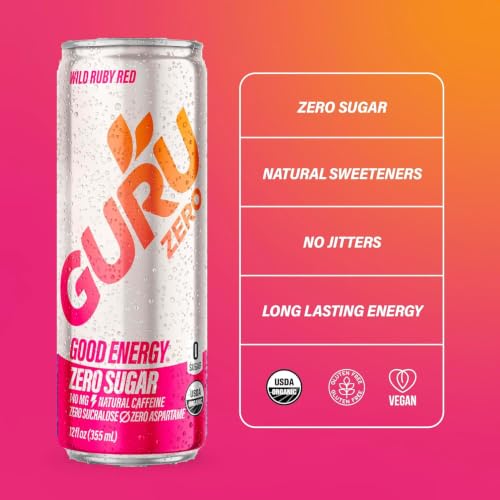 Image of GURU Zero Sugar Energy Drink, Ruby Red, 12 Fl Oz, 12 Pack | 140 MG Natural Caffeine for Workouts, Performance & Midday Boost, With Real Fruit Juice, L-Theanine, Plant Based, Gluten Free