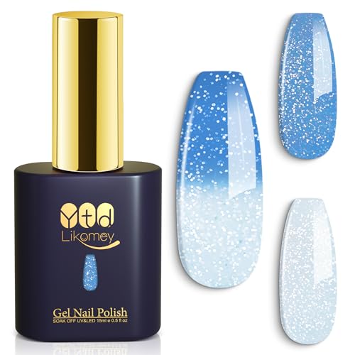 YTD Likomey Color Changing Gel Nail Polish,15ml Silver To Light Blue Glitter Mood Temperature Change Colors Ombre Thermal Salon Home Fall Winter Manicure UV Nails Varnish,WB05