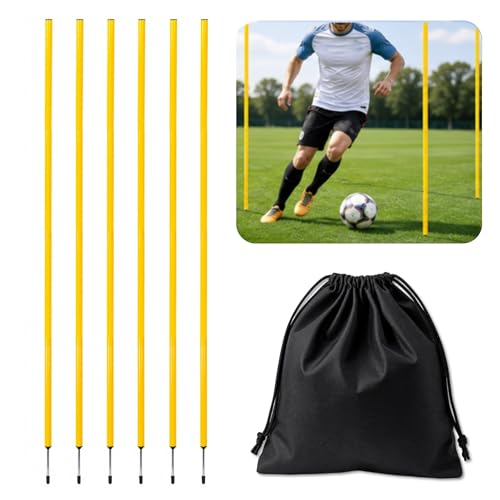 CTYYPYUYU 6 Pack Soccer Agility Poles 5 FT Adjustable Speed and Agility Training Equipment with Steel Ground Nails Outdoors (Yellow)