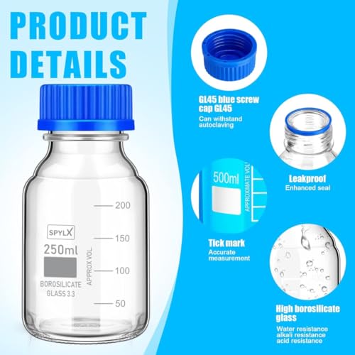 Image of Borosilicate Glass reagent bottle 250ml with leak proof Blue Screw Cap pack of 2 for glassware wide mouth chemical bottles for lab, laboratory, kitchen and professional use