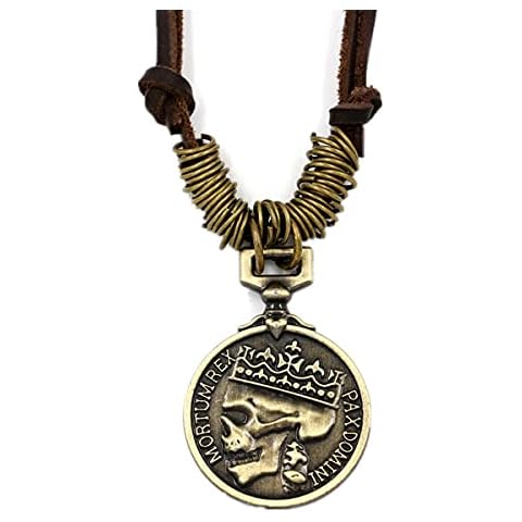 ODETOJOY Classic Coin Brown Genuine Leather Pendant Necklace Skull Steampunk Chunky Pendants Jewelry for Men Choker (Brown) Cover