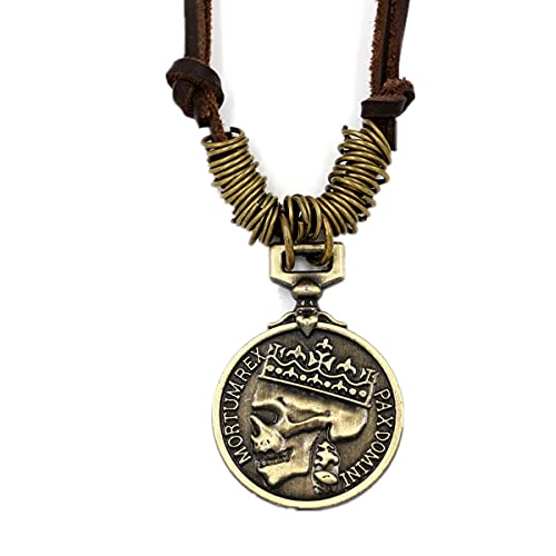ODETOJOY Klassische Münze Anhänger Halskette Skull Steampunk geschoben Schmuck für Männer Herren Halskette aus braun Leder mit silberfarbenen Totenkopf-Münzen-Anhänger und Samtbeutel (Brown) Cover