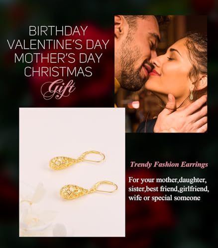 Sterling Silver Leverback Dangle Earrings for Women Teardrop Filigree 14K Gold Plated Dangly Earrings Mother’s Day Gift3