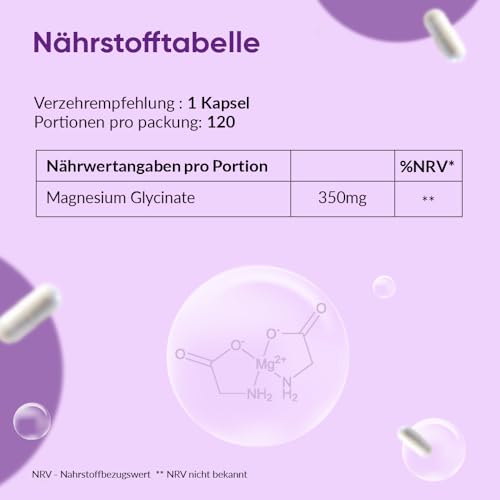 Magnesiumglycinat 350mg elementares Magnesium – Vorrat für 4 Monate – Magnesiumbisglycinat – 120 vegane Kapseln - Ambrosial