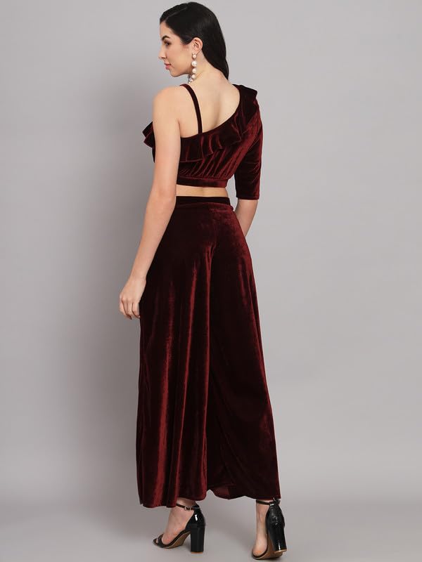 Image of Vaararo Velvet Co-Ords for Women | One Sleeve Crop Top with Palazzo Set Casual Party Dress
