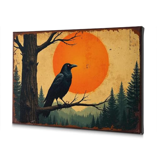 Toile corbeau tableau déco salle de bain forêt soleil orange WTD 20 x 30 cm