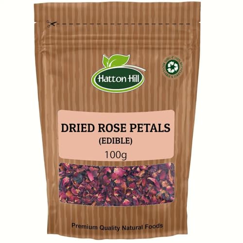 Dried Edible Rose Petals 100g by Hatton Hill | Pure, Red, Herbal Tea, Raw, DIY Body Care, Special Bath, Wedding Decoration and Potpourri, Perfect for Snack.