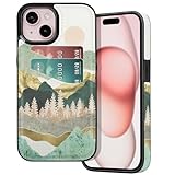 BayPastel X for iPhone 13/14/15 Wallet Case Card Holder Slot Slim Cute Design Soft Leather Protective Phone Case with 2 Credit Card Pockets Cover 6.1 inch for Women Men,Summer Mountain
