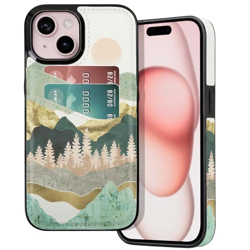 BayPastel X for iPhone 13/14/15 Wallet Case Card Holder Slot Slim Cute Design Soft Leather Protective Phone Case with 2 Credit Card Pockets Cover 6.1 inch for Women Men,Summer Mountain by BayPastel X - Used condition - US$9.65