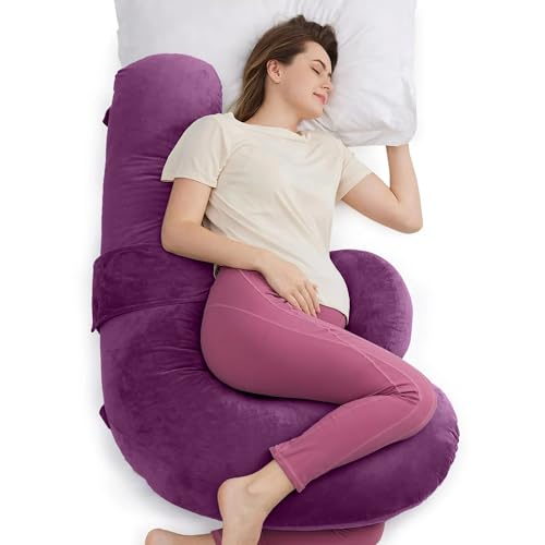 Image of J-Shaped Sleeping Pregnancy Pillow| Removable Velvet Covers| PregnoCare Fibres| Maternity, Nursing| Full Body Soft-Support Bump, Head, Back, Shoulder, Hips, Legs and Belly (Purple)