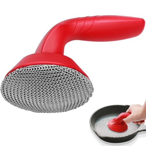 Cast Iron Cleaner Scrubber with Handle -3mm Welded Chain Mail Cast Iron Scrubber Brush-Chainmail Sponge Scrub Cleaning Tool to Clean Skillets, Pan,Griddle, Wok, Dutch Oven