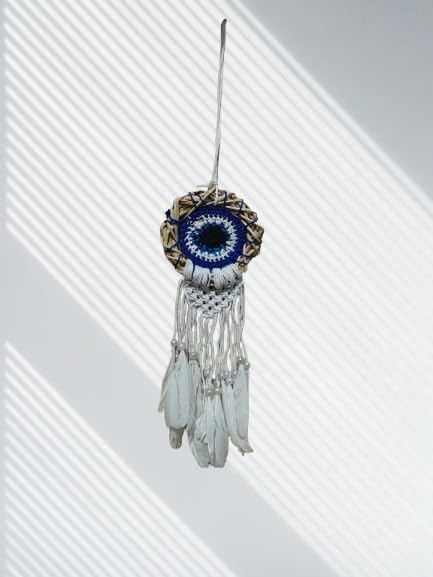 Evil Eye Dream Catcher Wall Hanging, Blue and White | Crochet Design, Feather Tassels, Boho Home Decor, Handcrafted, Protective Charm-image-20