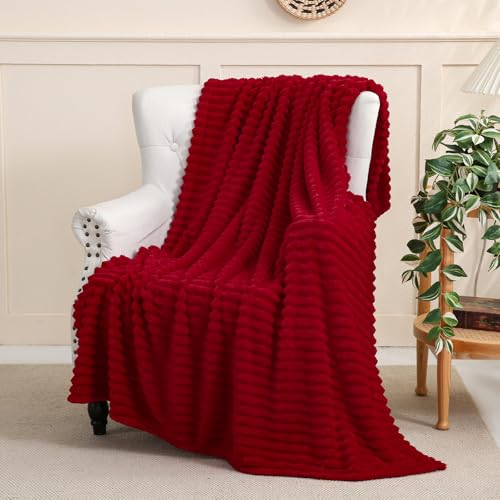 Linecooo Valentines Day Decorations Red Fleece Throw Blanket 5060 for Couch Sofa Bed Super Soft Cozy Plush Microfiber Flannel Blanket with Stripes Design Lightweight for Adults Woman Gifts