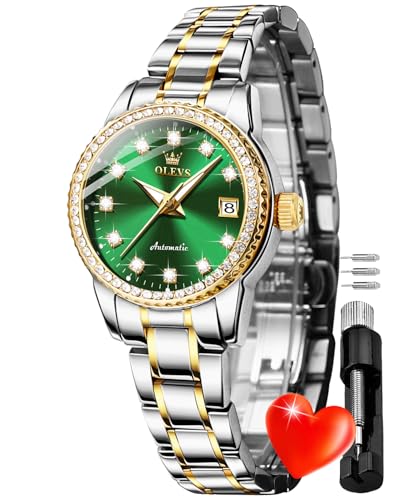 Image of OLEVS Womens Diamond Watches Automatic Mechanical Gold Luxury Dress Ladies Self Winding Original Stainless Steel Wrist Watch