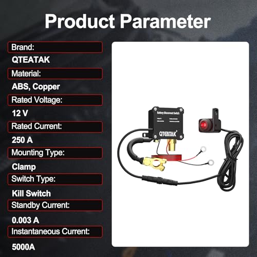 Image of 12V 250A Battery Disconnect Switch Kill Switch | Illuminated Round Rocker Switch, Prevent Battery Drain for Car Truck RV, 9.84 FT Cable, in-Car Manual Cut-Off