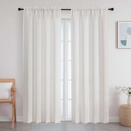 WelvetBLK Natural Curtains 84 Inches Long 2 Panels Set, Linen Blend Textured Light Filtering Curtains for Bedroom Living Room Airy Rod Pocket Drapes, Natural, 2 Pcs Each 40Wx84L Inch