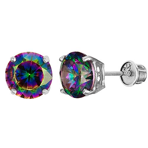 14k White Gold 6mm Rainbow Mystic Round Cubic Zirconia Basket Children Screwback Baby Girls Earrings