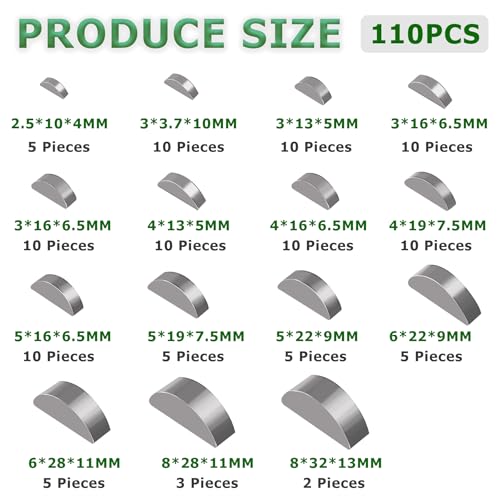Image of 110PCS Metric Woodruff Key Assortment Kit, 15 Sizes Carbon Steel Woodruff-key Kit Woodruff Key-Crankshaft-Keyway Shaft Feather Key for Fastening Connection