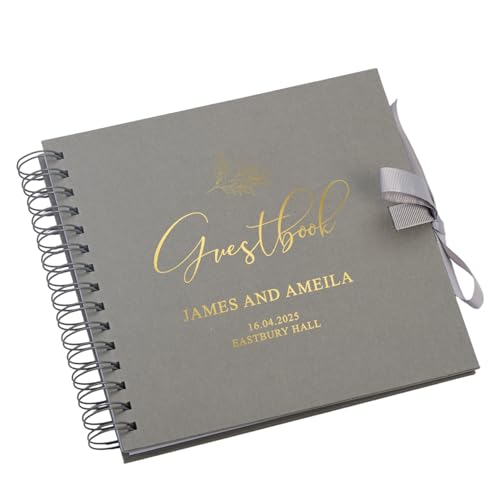 Image of Personalised Wedding Guest Book with Delicate Leaf Foil Design, 20.3 x 20.3 cm, Spiral Binding, Multiple Colours (Grey)