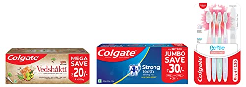 Image of Colgate Strong Teeth Cavity Protection Toothpaste & Sensitive Soft Bristles Manual Toothbrush for adults - 4 Pcs, Multicolor & Swarna Vedshakti Ayurvedic Cavity Protection - 400gm