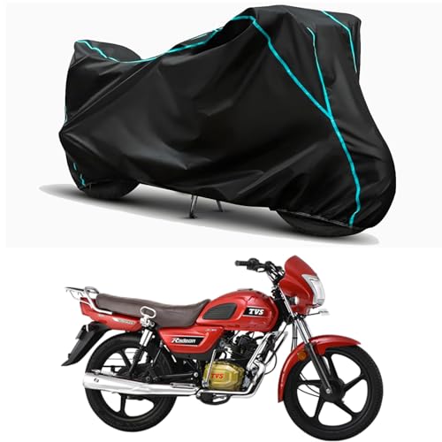 Image of Waterproof Bike Body Cover Compatible for | TVS Radeon | Taffeta Fabric, Sky Piping Design, Bottom Elastic Fit | Dustproof, Sun UV & Rain Protection for All Weather.