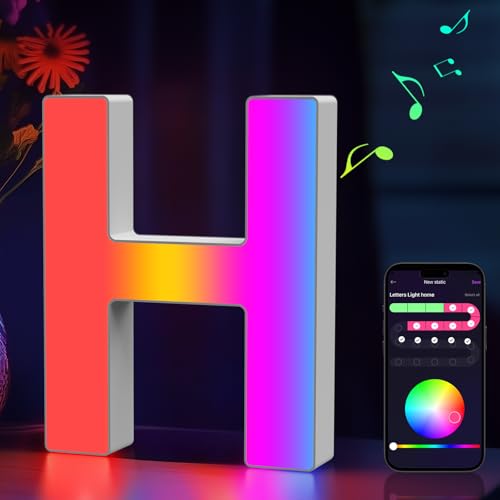 Cpeelsdo Letra Luminosas Mayúscula RGB, Letras Luces LED Iluminadas con USB, Control APP, Etras neón, Luces de Noche para Pared, Fiesta de Cumpleaños, Navidad, Decoración de Boda, Letras - H