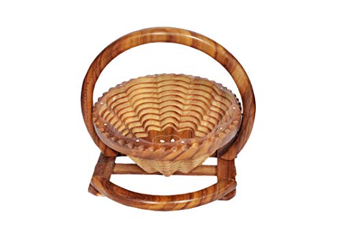 All About Wood Fruits & Vegetables Foldable Wooden Basket with Stand and Handle for Kitchen, Dining Table, Shelf Basket (Sheesham Wood, Brown, 12 Inches)