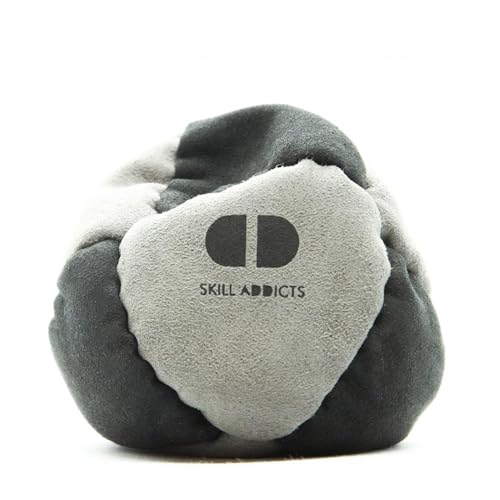 Skill Addicts Footbag - Grau Schwarz (Freistil Foot Bag für jedes Fähigkeitsniveau, Enthält einen Satz Hackysack-Aufkleber und eine App zum Erlernen von Tricks)