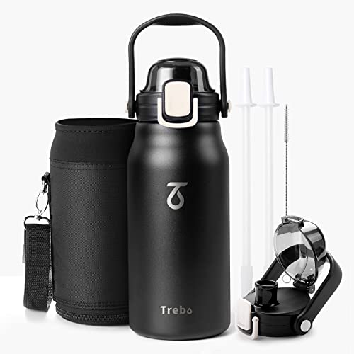 Stainless Steel Water Bottle 1.2L, Trebo Metal Water Bottle Vacuum Insulated Metal Water Bottle Two Lids Handle Wide Mouth Double-Walled Metal Bottle Keeps Cold for 48h/Hot for 24h, Black