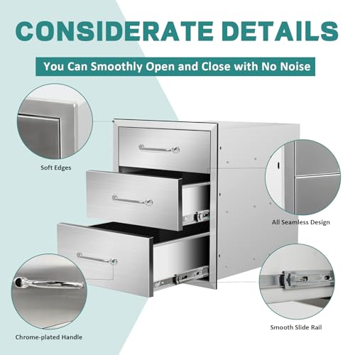 Image of Outdoor Kitchen Drawers 18 inch W x 21 inch H x 21 inch D Stainless Steel Drawer BBQ Triple Drawers with Chrome Handle for Outdoor Kitchen Island, Patio Grill Station