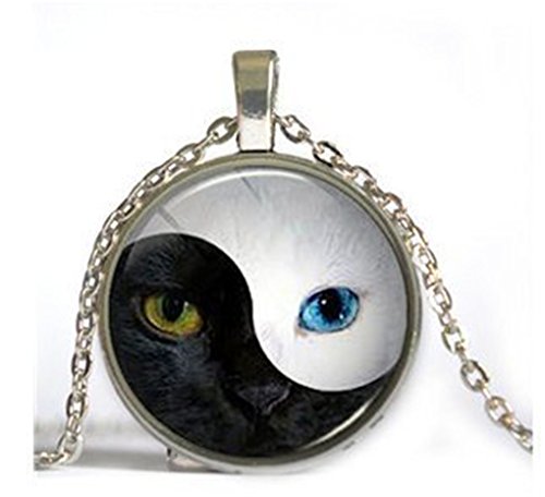 Yin Yang Black and White Cat Eye Pendant on a Silver Metal Necklace, Yin-yang, Balance Necklace, Unisex Necklace, Gifts (1)