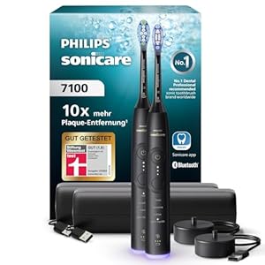 Philips Sonicare 7100 elektrische Zahnbürste, Schallzahnbürste mit App, 4 Putzmodi, 3 Intensitätsstufen, Andruckkontrolle, EasyStart, SmarTimer, Schwarz, 2er-Pack, Modell HX7429/03 [Neue Technologie]