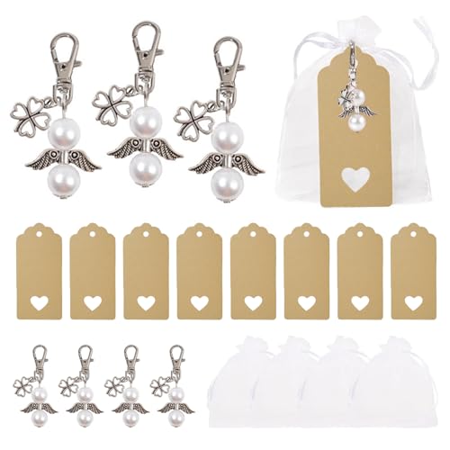 KiKiHong 30 Piezas Llavero Ángel Colgante Trébol de Cuatro Hojas,Boda Bautizo Llavero Viene con Bolsa de Organza Blanca y Etiqueta de Piel de Vacuno Regalos para Invitados