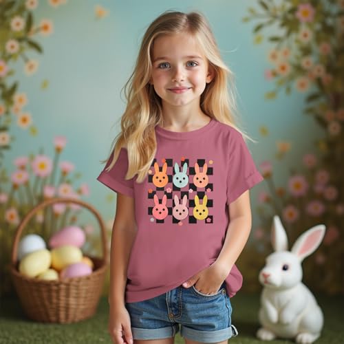 Image of CM C&M WODRO Kid Girl Easter T-Shirt Cute Bunny Flower Checkered Print Tees Summer Short Sleeve Shirt Tops 7-12 Years