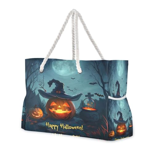 Pumpkin with Witch Hat Beach Bag & Travel Tote Bag Large Sandproof with Zipper Closure, Wet Pouch for Swim Gym Travel