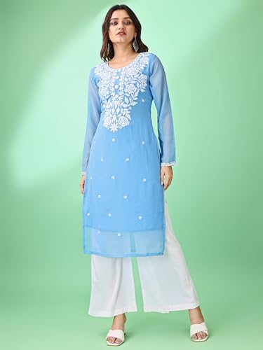 Image of HESVI Women's Georgette White Lakhnavi Chikankari Kurti with Intricate Embroidery Work