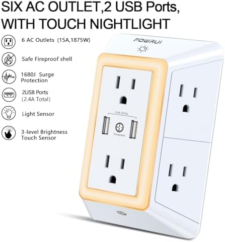 USB Wall Charger, Surge Protector, POWRUI 6-Outlet Extender with 2 USB Charging Ports (2.4A Total) and Night Light, 3-Sided Power Strip with Adapter Spaced Outlets - White,ETL Listed
