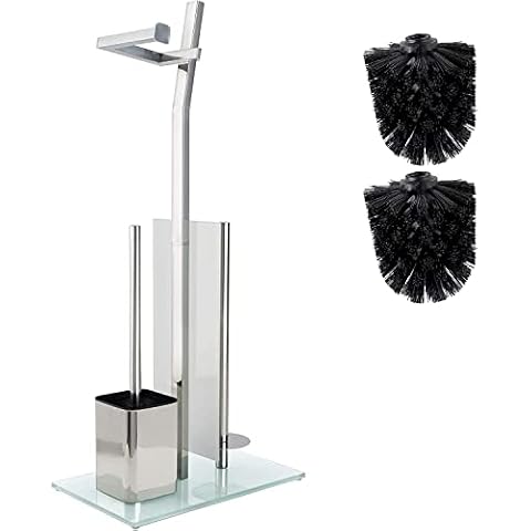Smartpeas Toilet Roll Holder - Shiny Chrome - Toilet Paper Holder - Stainless Steel Chrome Plated Free Standing with Glass Base - Size 32x20x70 cm - Plus: 1+2 Extra Toilet Brush Heads Exchange Cover