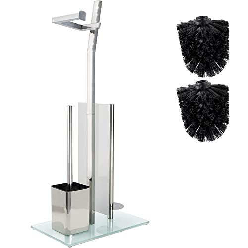 Set WC Toilettes avec Porte-Rouleau Et Brosse - Chrome Brillant - Porte-Papier Toilette en Acier Inoxydable Chromé - Base en Verre –32X20X70Cm -Plus: 1+2 Têtes De Brosse De Toilette De Rechange!