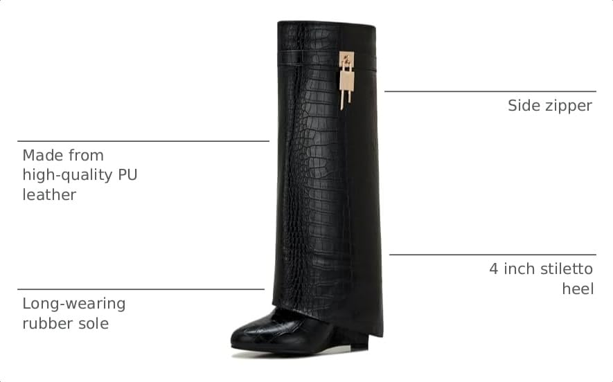 Image of Fold Over Boots for Women Pointy Pull-on Wedge Heel Knee Shark Boot With Side Zipper Padlock Design