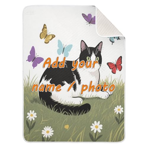 Custom Cute Animal Cat American Anime Style Black White Blanket for Cozy Personal Name Blanket for Nursery Stroller Crib 30x40in cositas para Bebes recien nacidos
