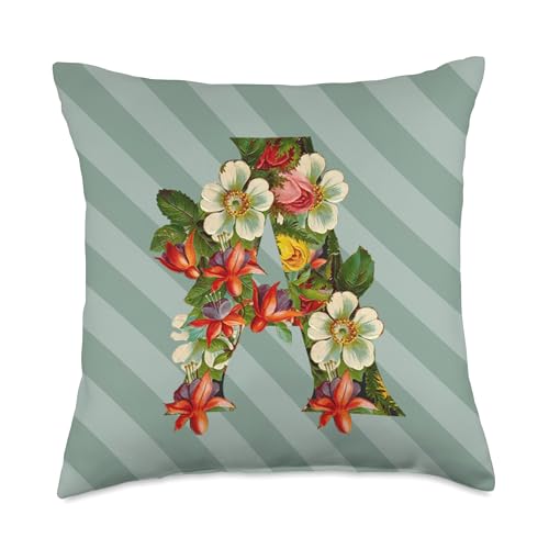 Letter A Initial Monogram Personalized Floral Sage Green Throw Pillow