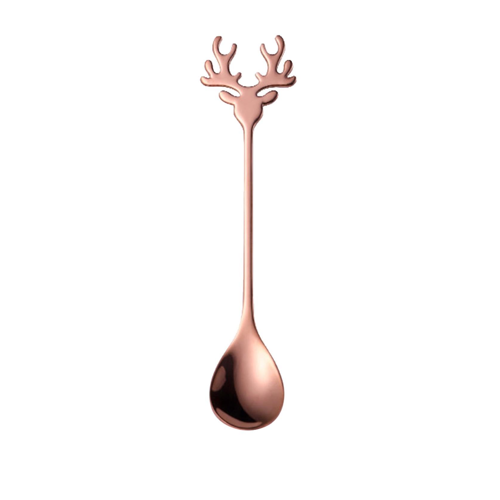 Christmas Spoons, Christmas Tea Spoons, Reindeer Spoon, 304 Stainless Steel Coffee Spoon, Mixing Spoon, Dessert Ice Cream Spoon (Rose Gold)